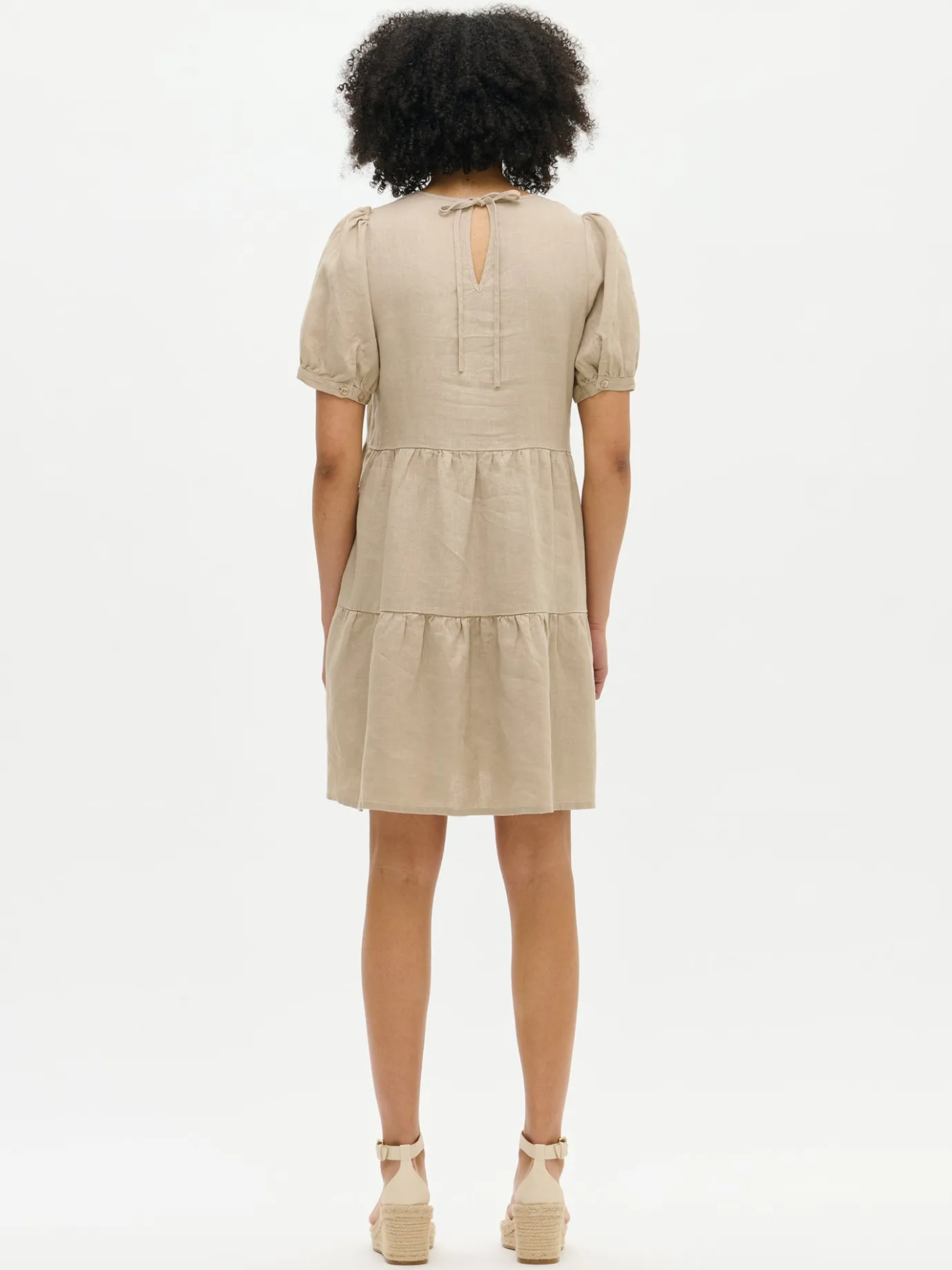 Pellavavaatteet|Mekot-Nanso SARASTUS lyhyt pellavamekko - Beige